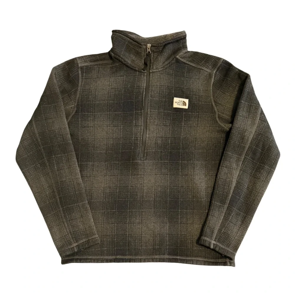 The North Face Plaid Quarter Zip Fleece Pullover Mens Medium Grey Check Pocket